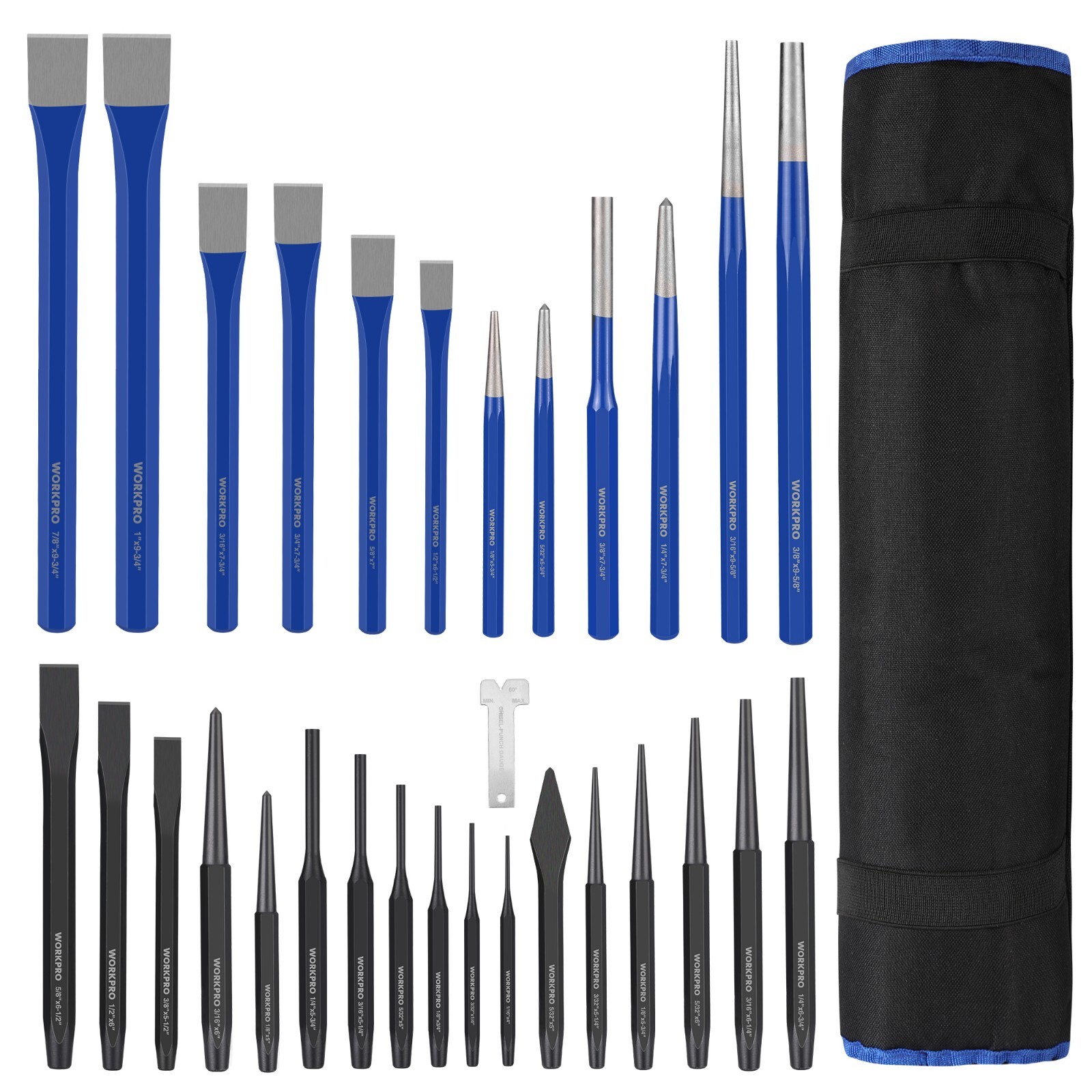30 PCS Heavy Duty Punch and Chisel Set with Roll Pouch Alloy Steel Carbon Steel