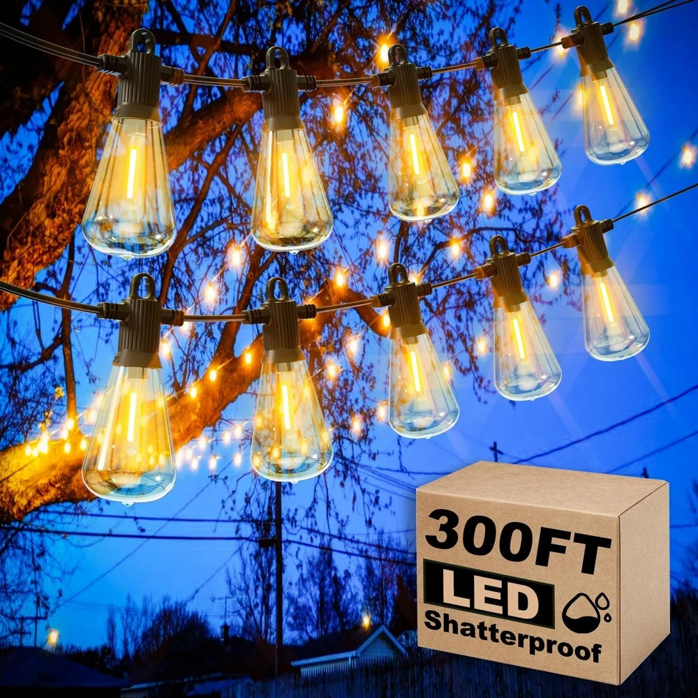 Outdoor String Lights 300FT Waterproof 146 ST38 Globe Bulbs Dimmable Led Zuske