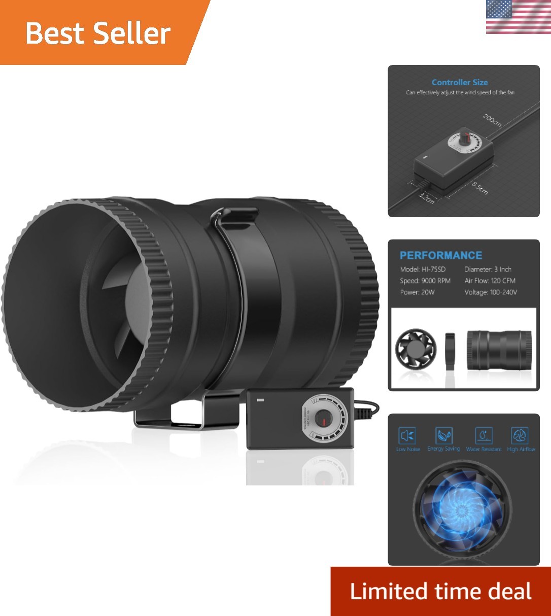 3-Inch Inline Blower Fan with Adjustable Speed Controller - 120 CFM Efficiency