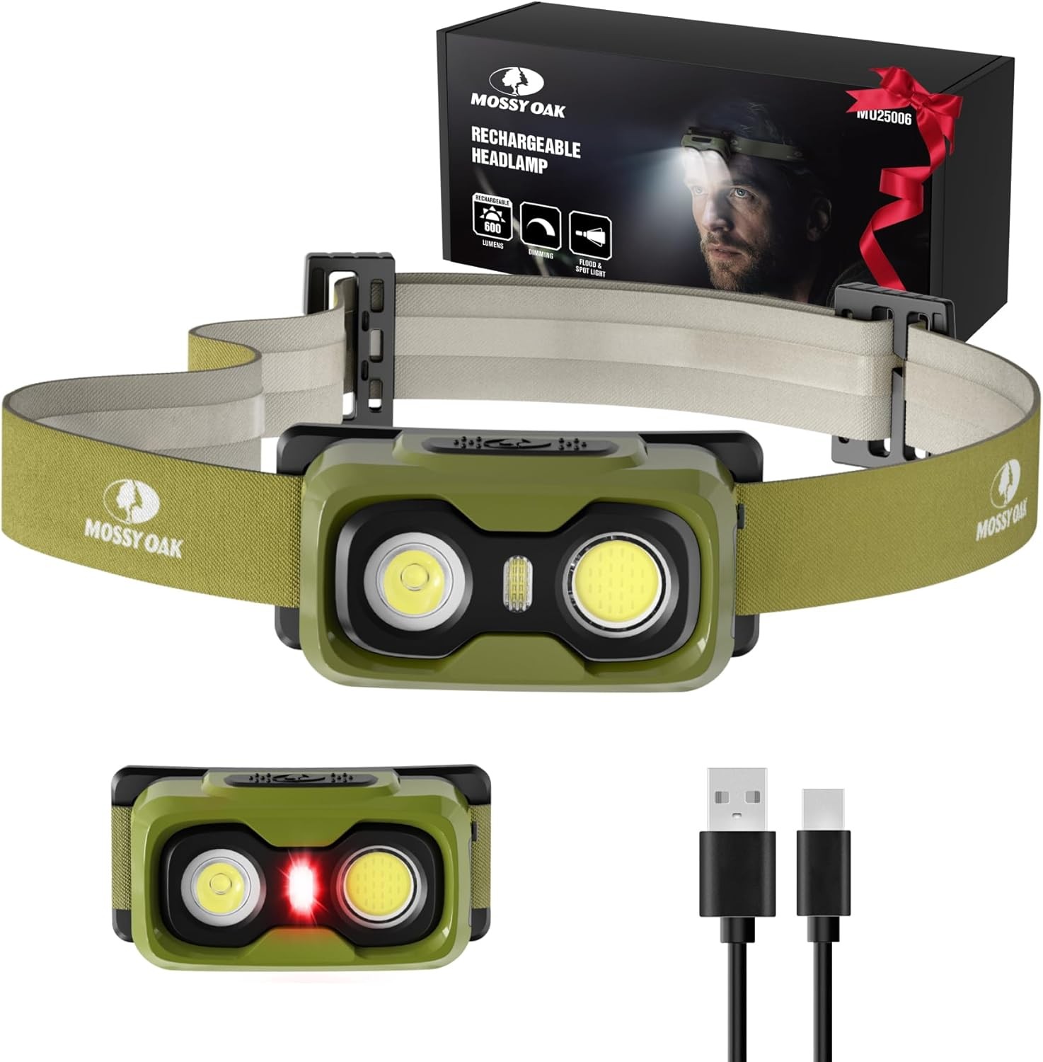 Mossy Oak 600 Lumens Rechargeable LED Headlamp Headlight With White & Red Lights