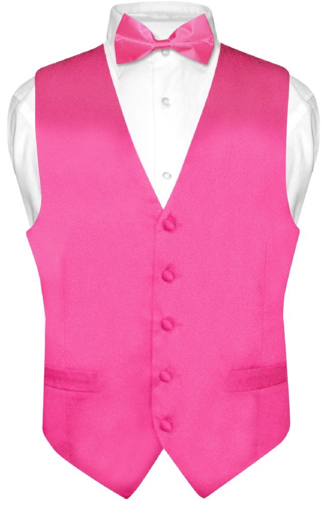 Biagio Men's SILK Dress Vest & Bow Tie Solid HOT PINK FUCHSIA Color BowTie Set