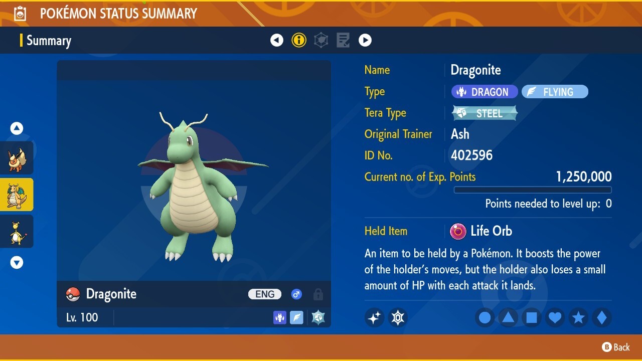 Shiny Dragonite 6IVs Tera Type: Steel Pokémon Scarlet and Violet