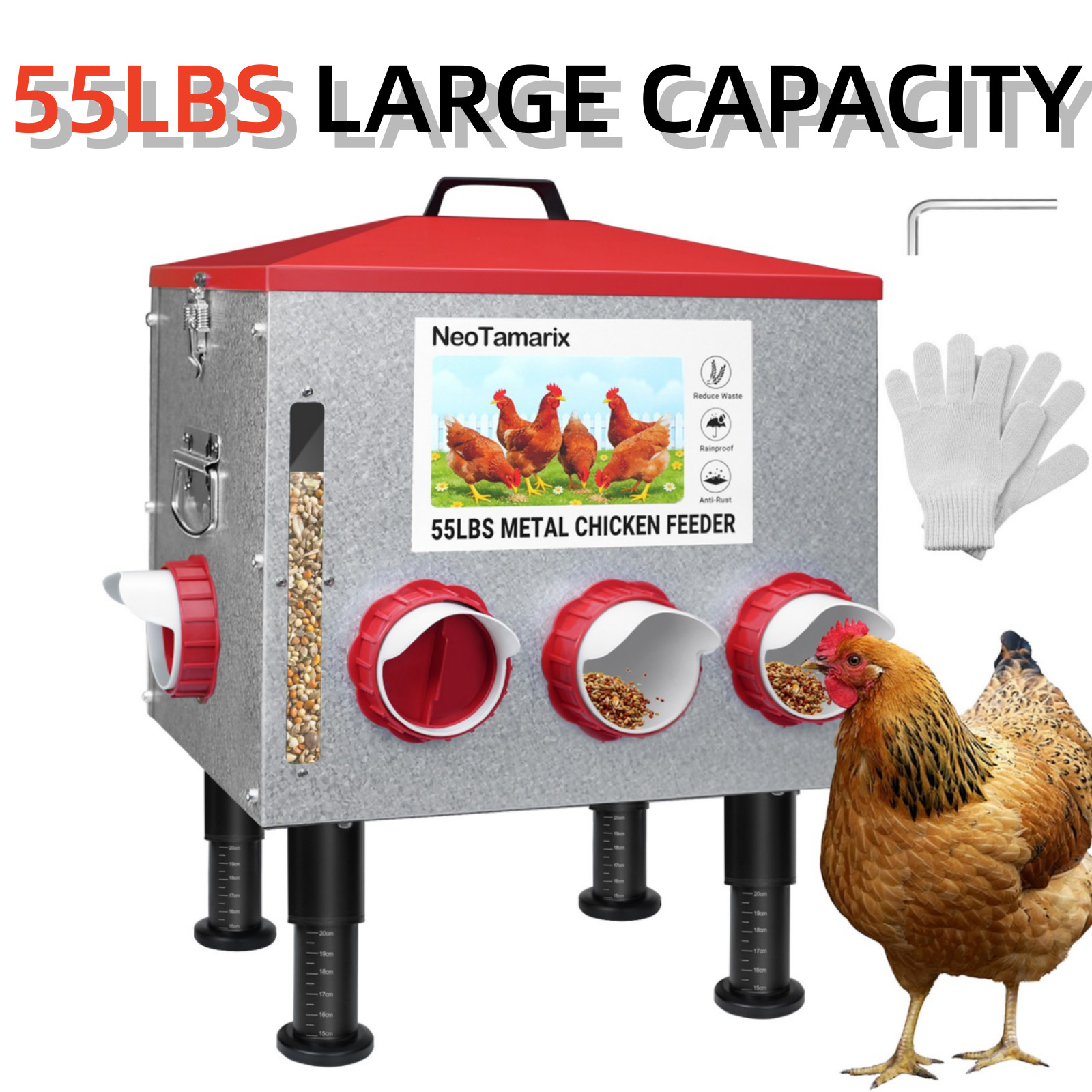 55lbs Large Chicken Feeder for Chicken Ducks W/8 Feeding Ports Adjustable Height