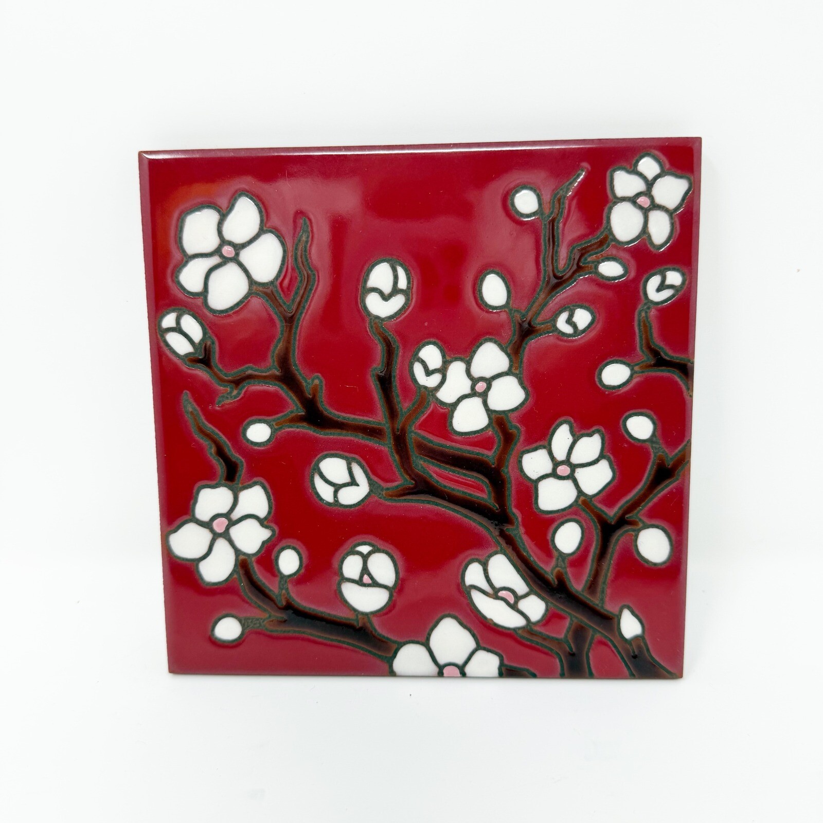 Carley Quinn Design Cherry Blossom Tile Art Trivet Red