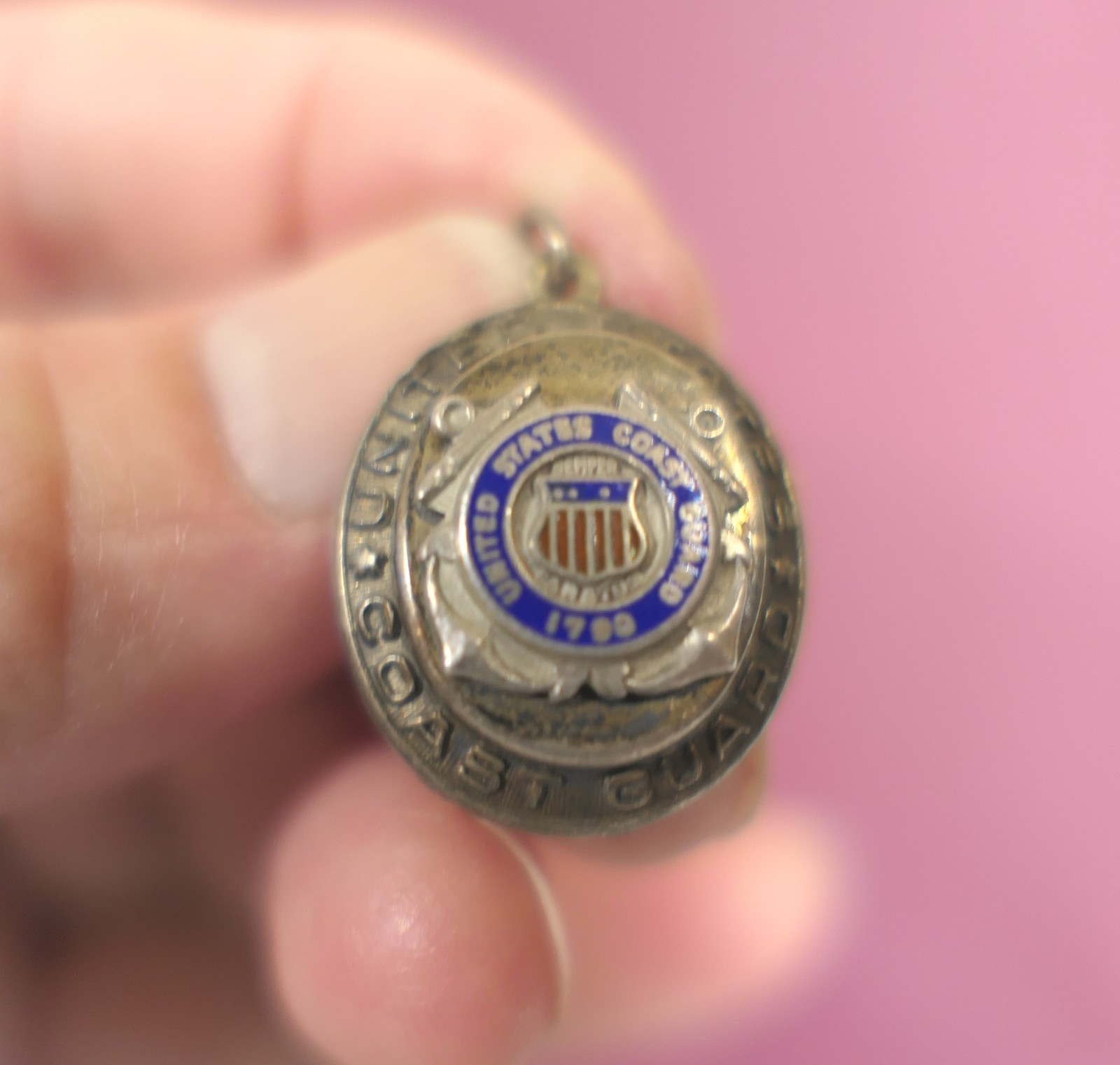 Vtg WWII Silver Brass & Enamel United States Coast Guard 1790 Necklace Pendant