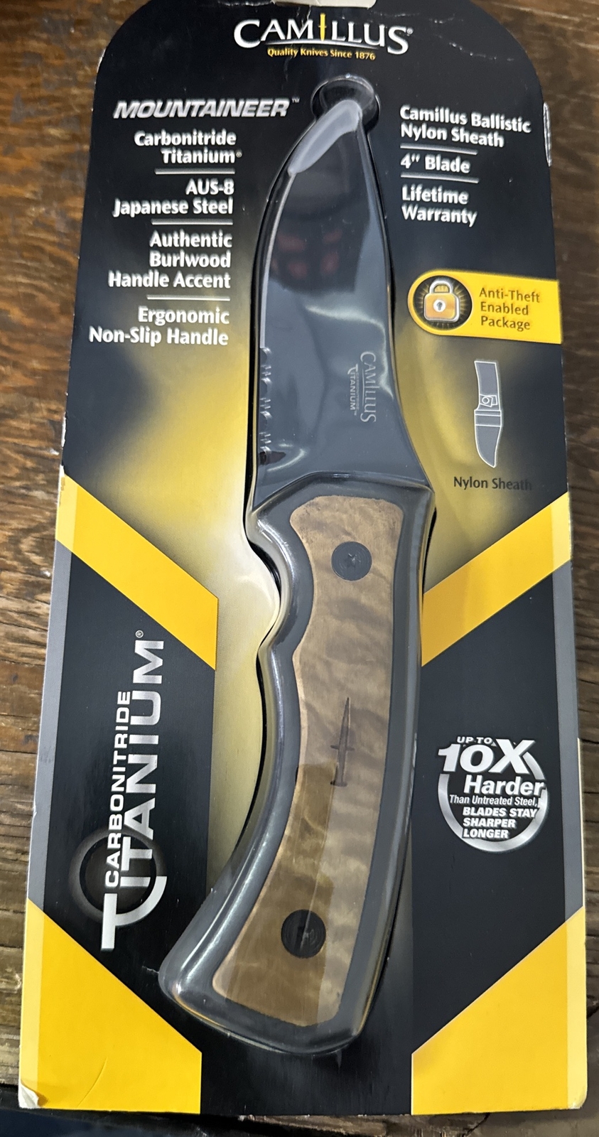 Camillus Mountaineer Fixed Knife 4 Titanium / AUS-8 Steel Blade Birchwood 19084