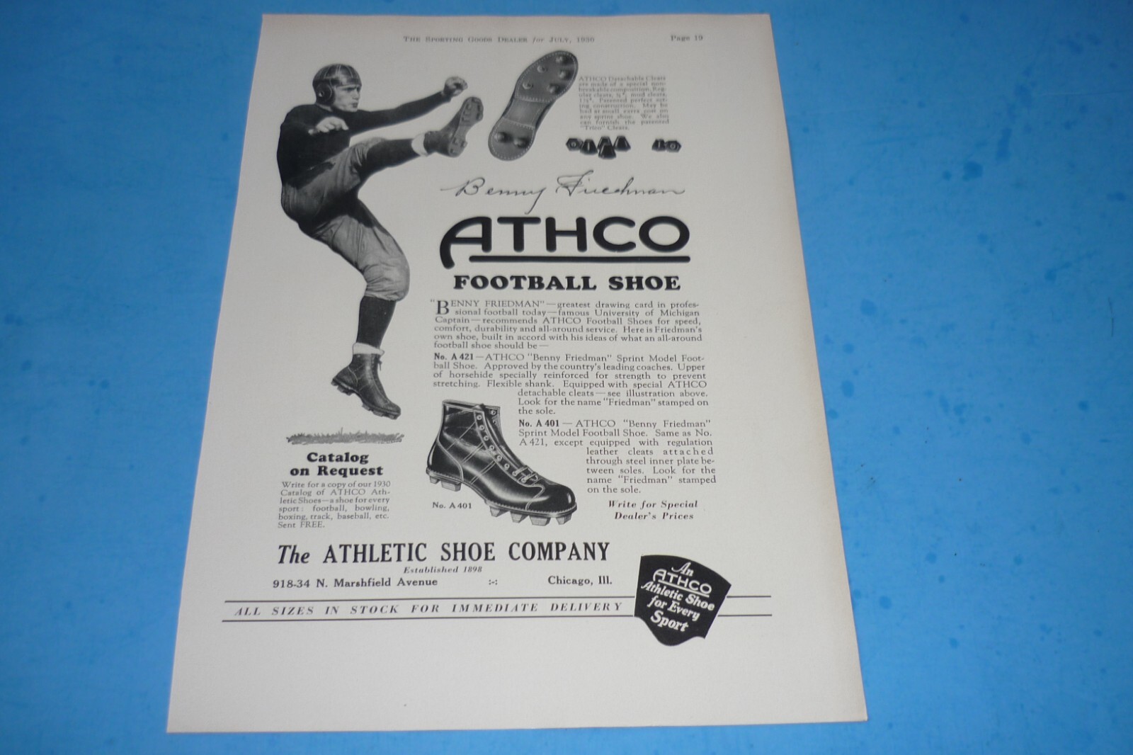 UNIVERSITY OF MICHIGAN FOOTBALL - BENNY FRIEDMAN - ATHLETIC SHOE CO. AD - 1930