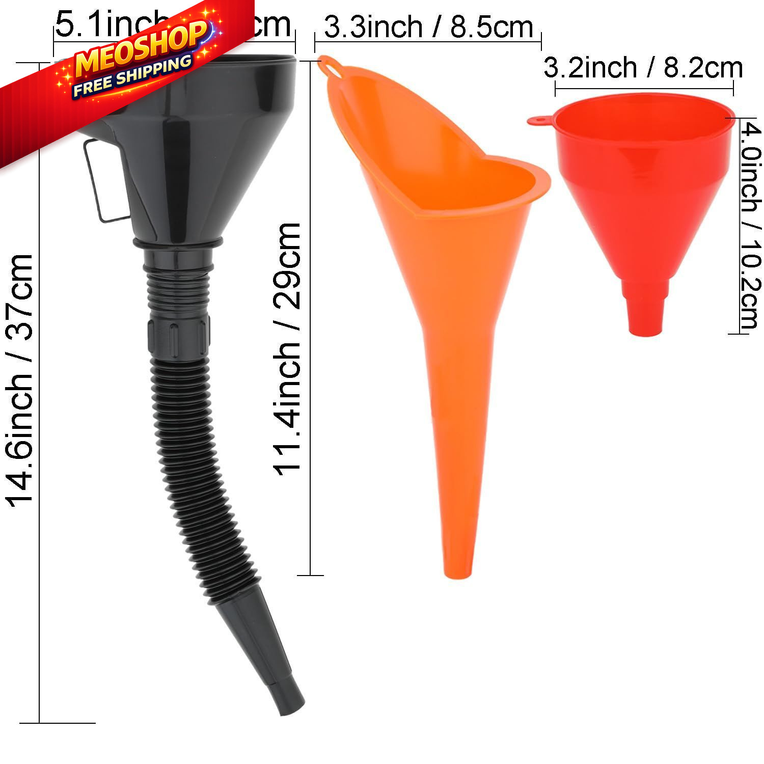 3 Pack Automotive Oil Funnel Set, Wide Mouth Fuel Funnels Black, Orange, Red