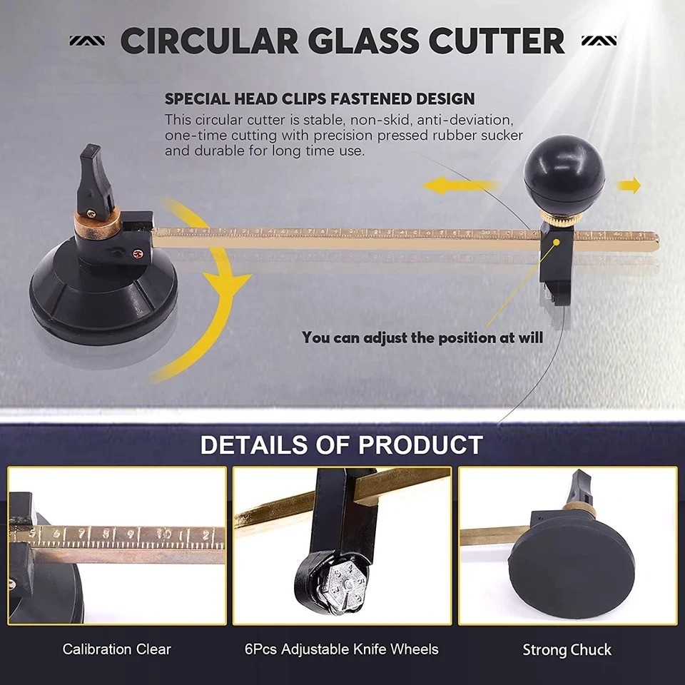 9 Pcs Glass Cutting Tool Set Kit Includes Adjustable Circular Glass Cutter, Glas