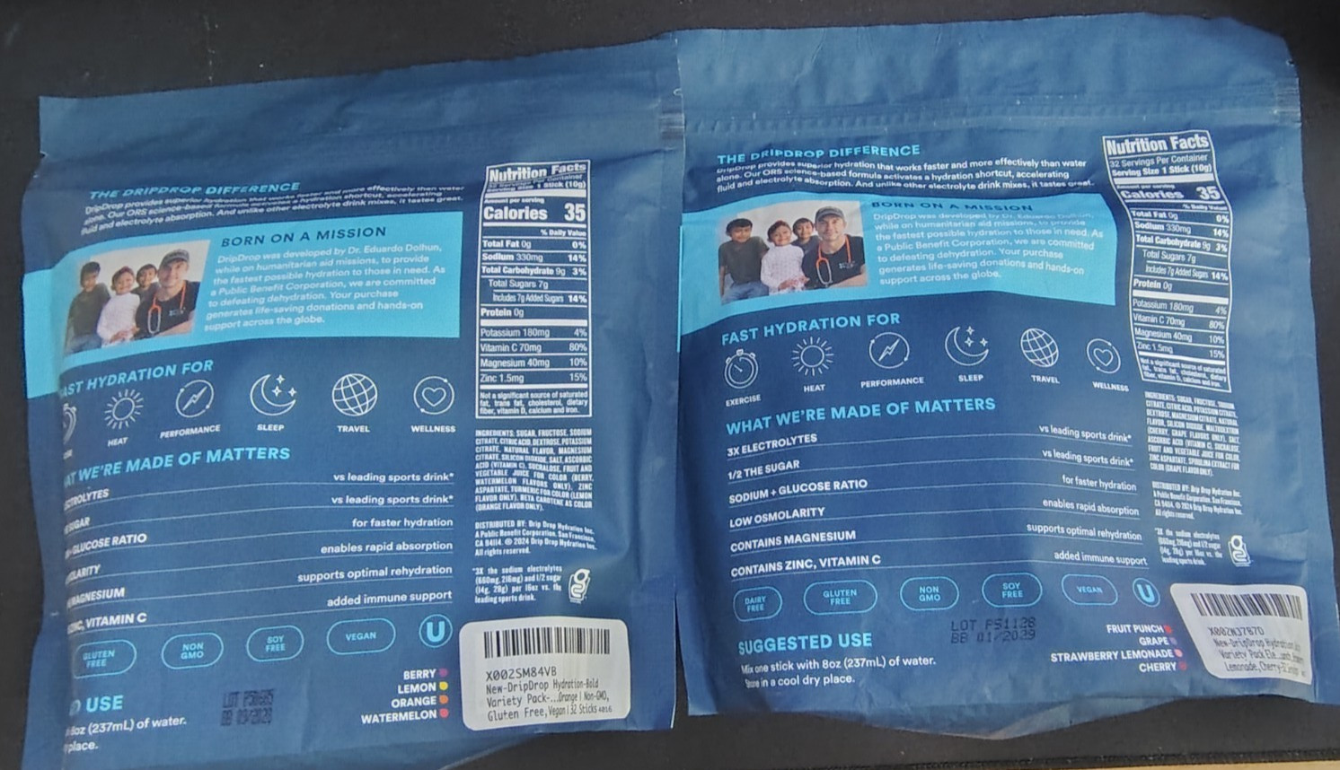 64 ASSORTED FLAVOR Drip Drop Hydration Drink Packets Grape, Watermelon ect