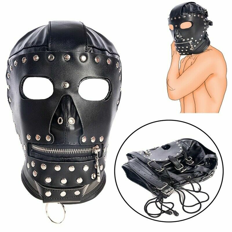 Pu Leather Adult Unisex Gimp Head Harness Headgear Hooded Mask Lockable Lace Up