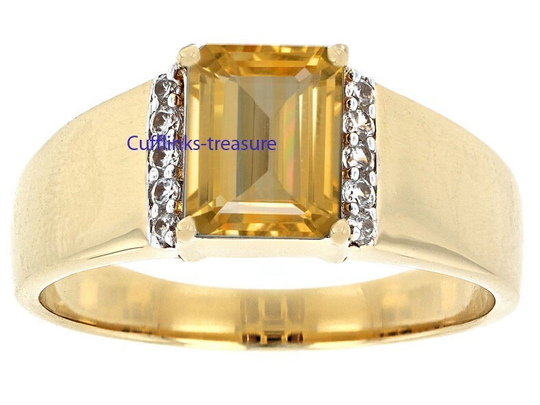 Natural Citrine & CZ Gemstones 925 Sterling Silver Gold Plated Ring For Men #082
