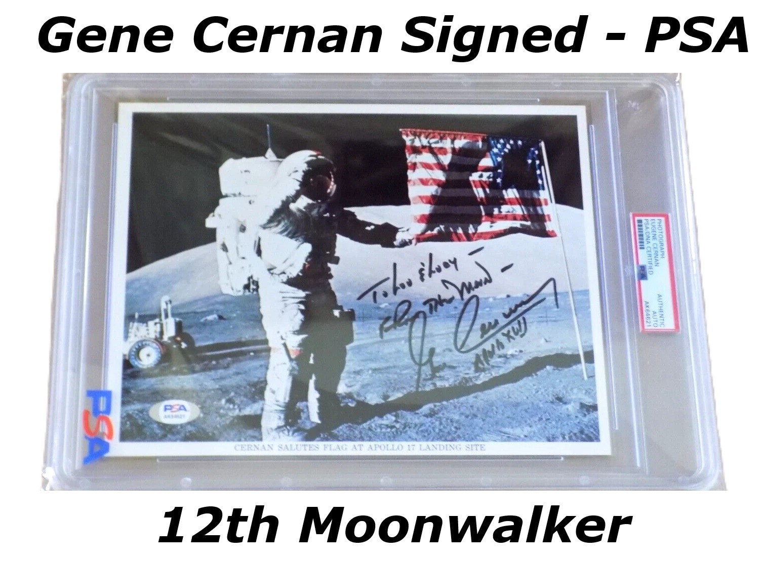 NASA Apollo 17 Gene Cernan Signed Flag Salute Photograph 12th Moonwalker PSA