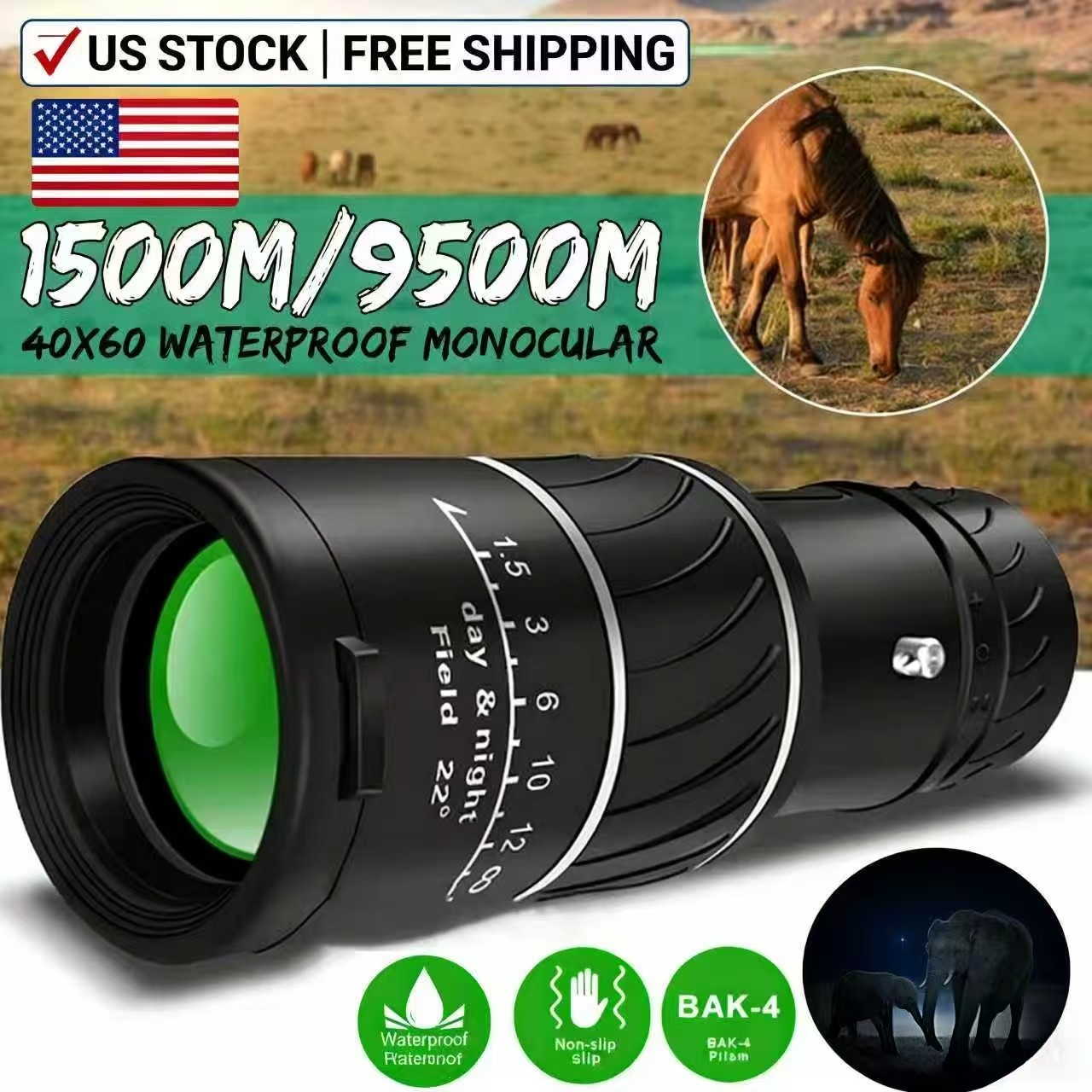HD 40X60 Monocular Binoculars With BAK4 Prism High Power Waterproof Portable USA