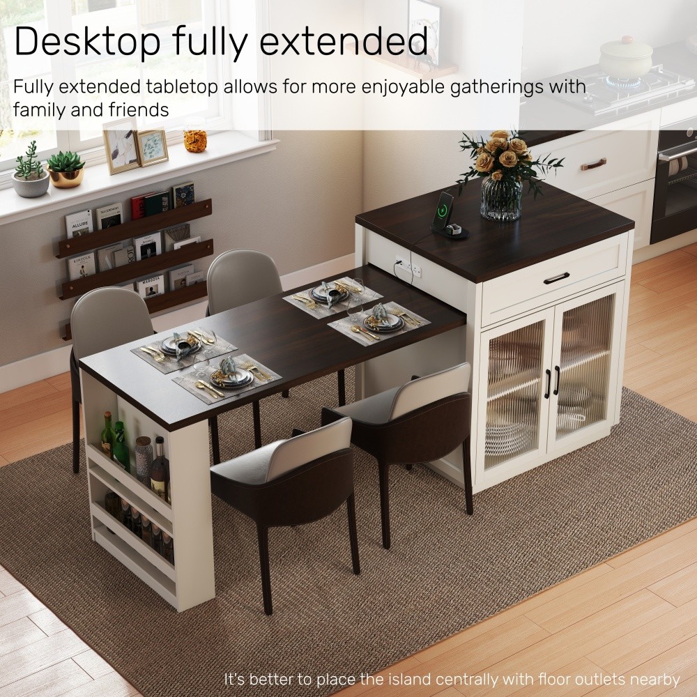 Extendable Kitchen Island Table with Power Outlet Storage Glass Doors Walnut