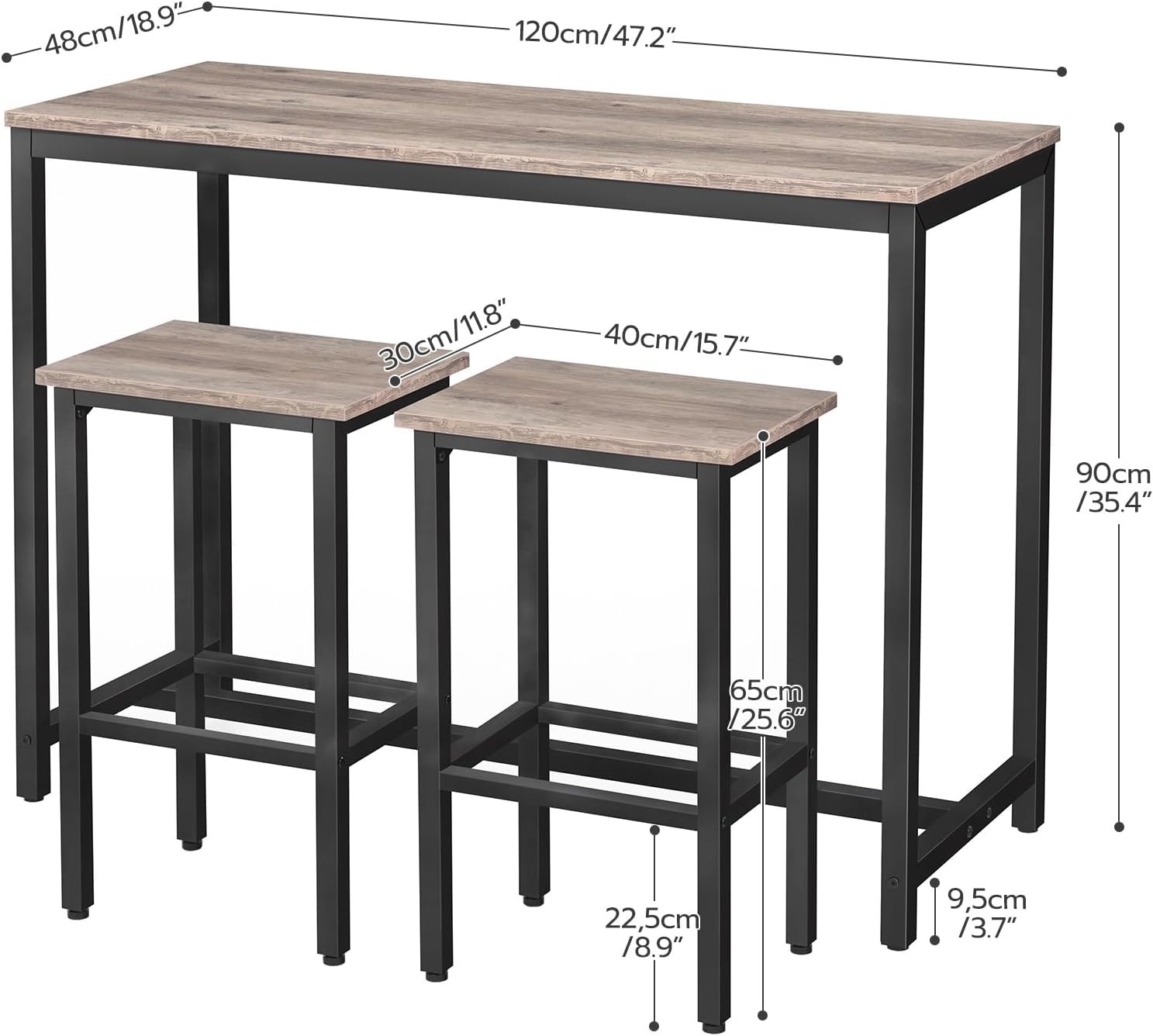 Bar Table & Chairs Set 47.2” Rectangular Pub Table W/ 2 Stools Small Space High