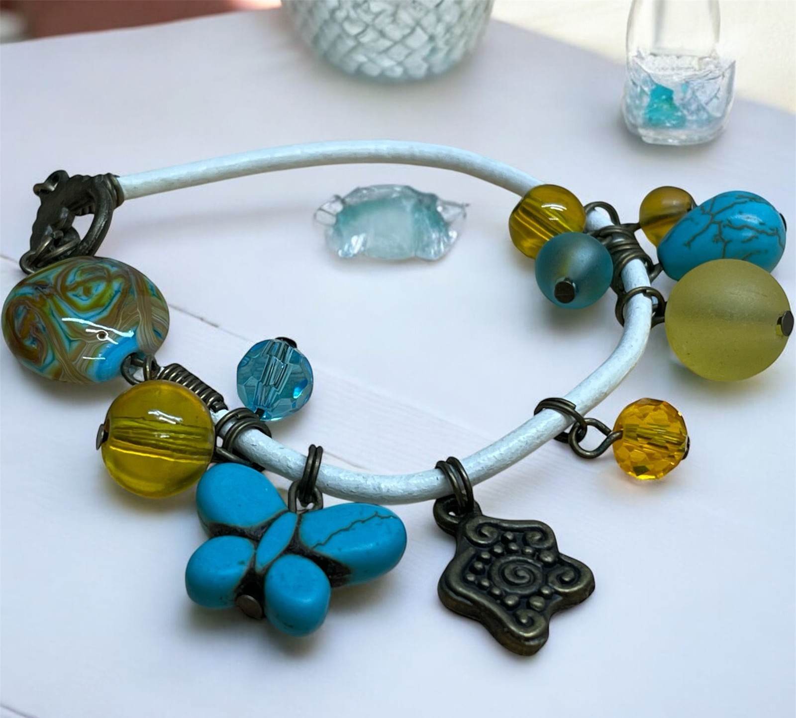 Handmade Bracelet with Turquoise, Glass Beads and Crystal