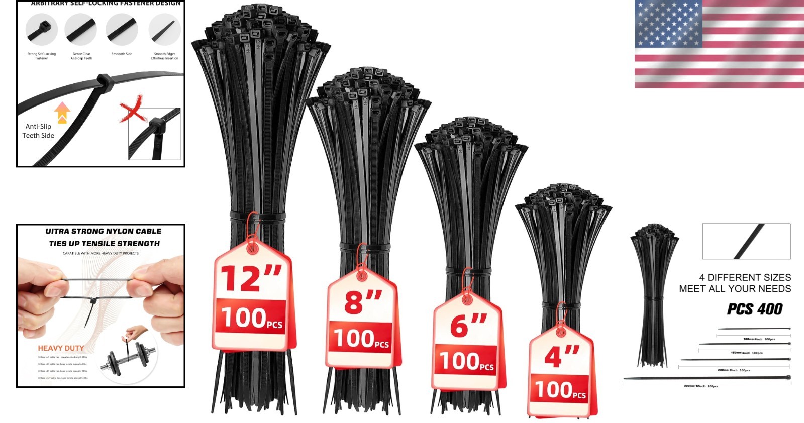 Self-Locking Nylon Cable Ties - 400 Pack (4 to 12 Inch), Durable & Versatile