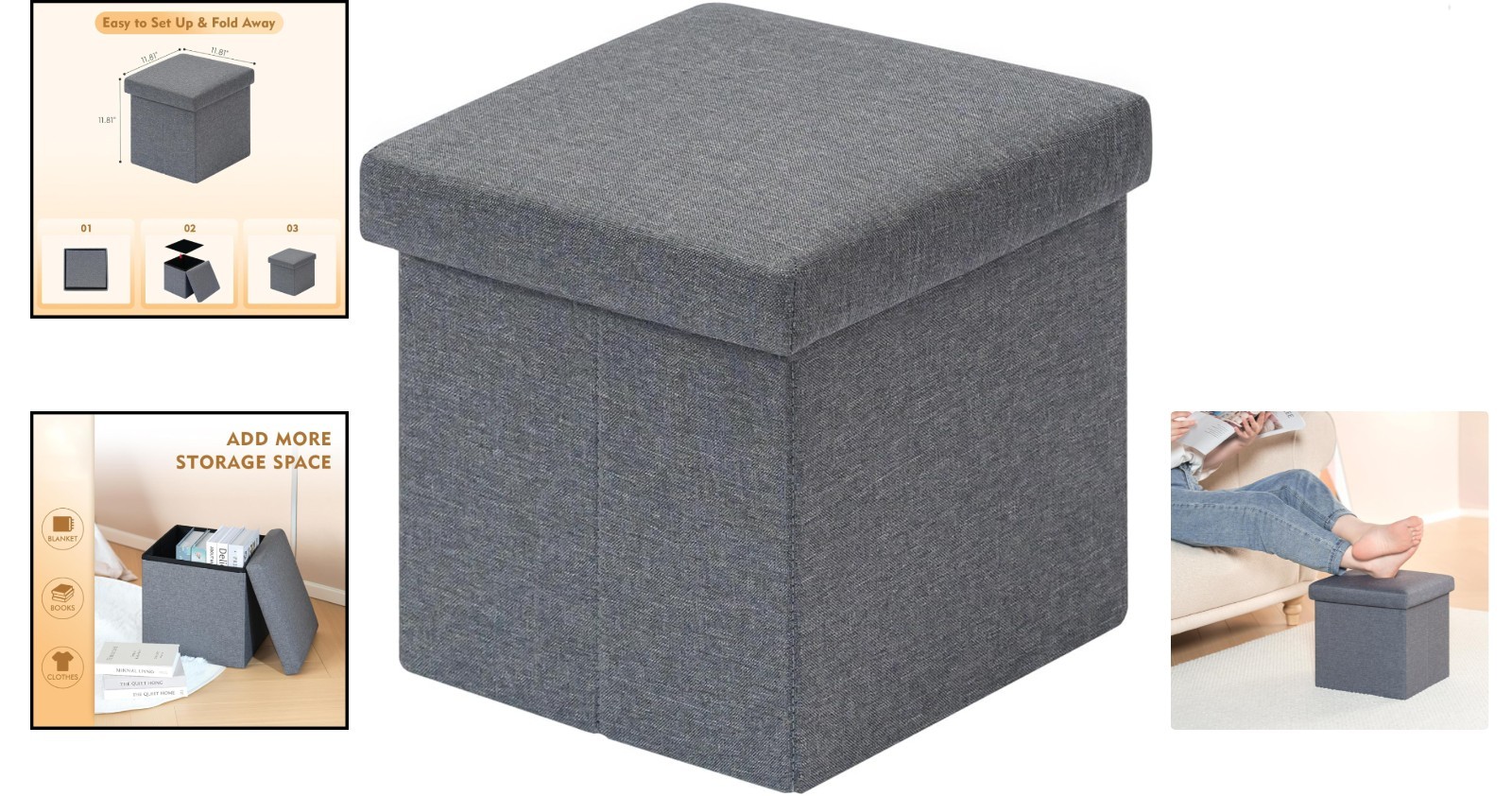 Compact Multi-Purpose Grey Ottoman Cube - Linen Footrest for Living Spaces 11.8"