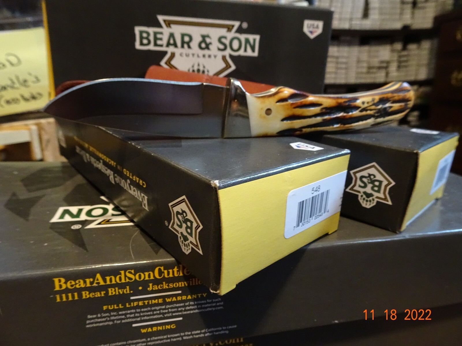 BEAR & SONS CUTLERY 7" DROP POINT HUNTER INDIA STAG BONE HANDLE LEA SH MADE USA