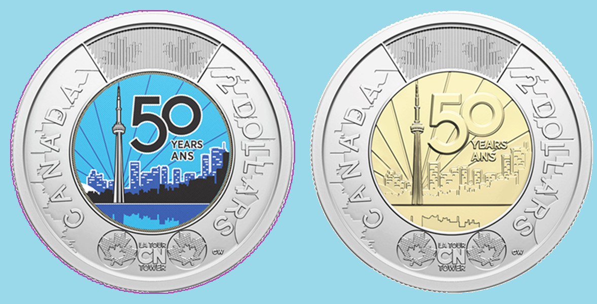 Set 2026 Canada CN Tower Anniv Col & N-Col Two Dollar Toonie Coins Mint UNC $2