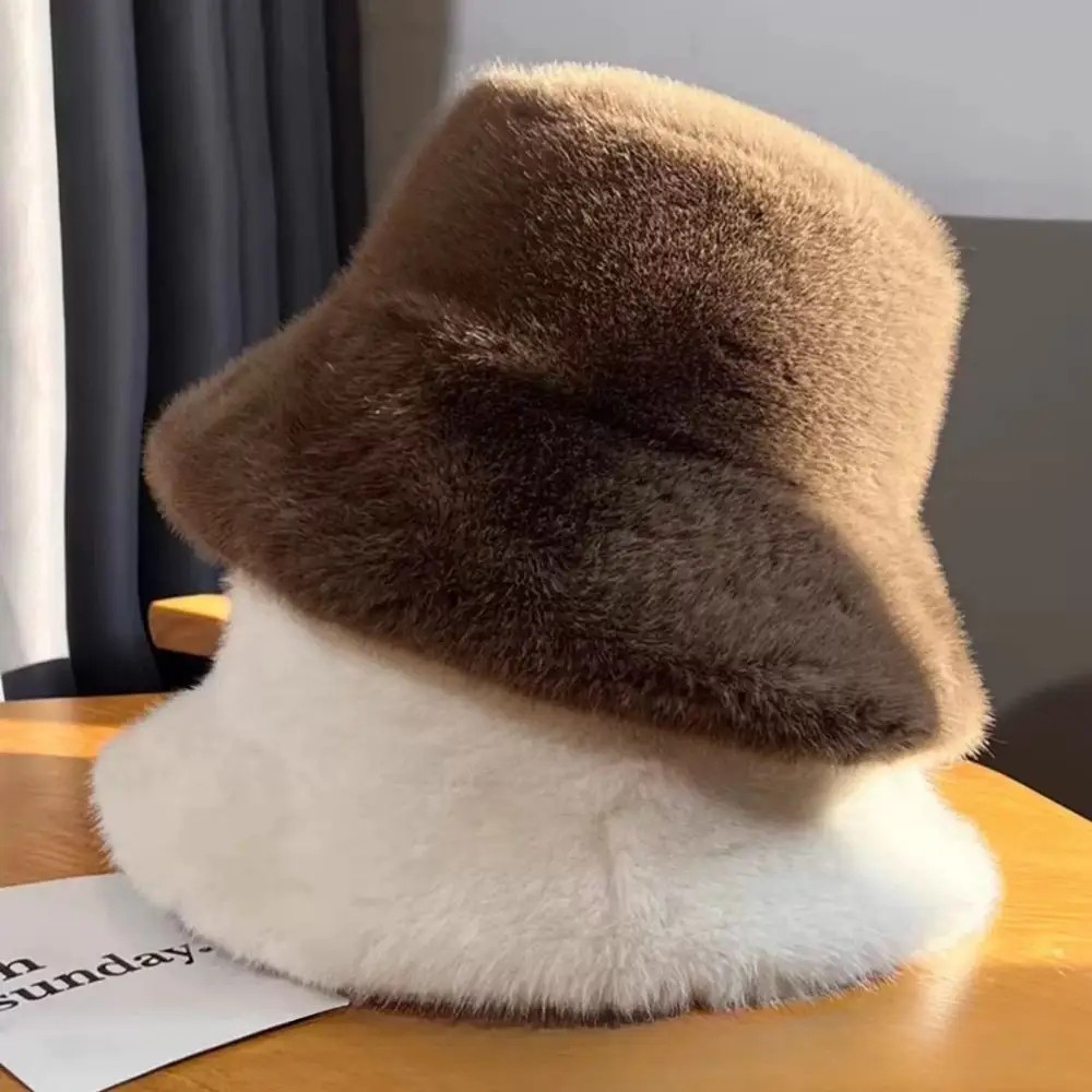 Fluffy Fur Bucket Hat - Warm Fisherman Plush Winter Hat Women Thick Furry Faux