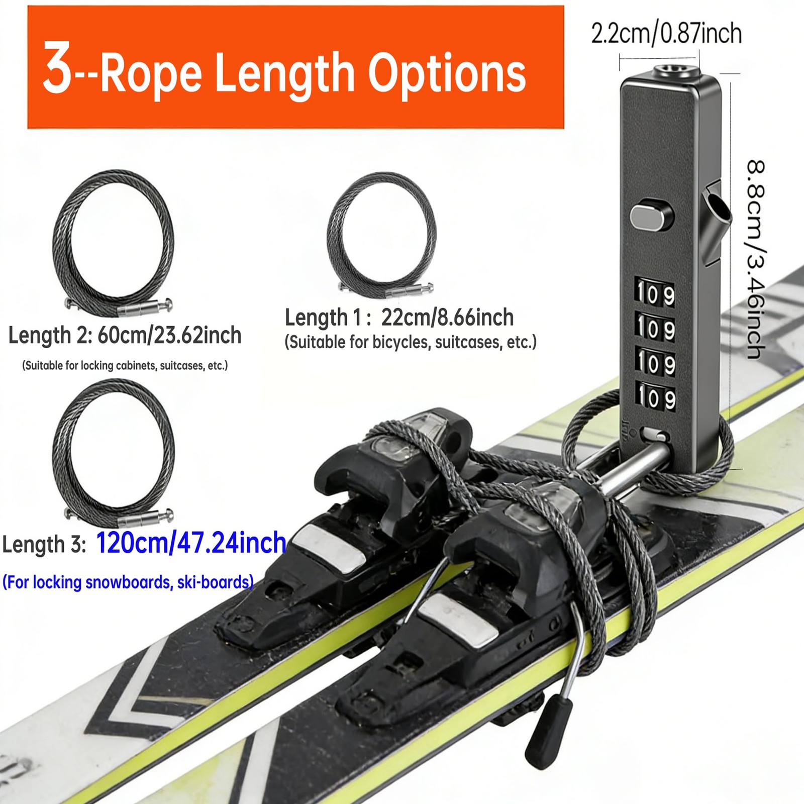 Tksdwblty 3Pack Wire Padlock Snowboard Lock Combination Cable Lock 4-Digit Ski