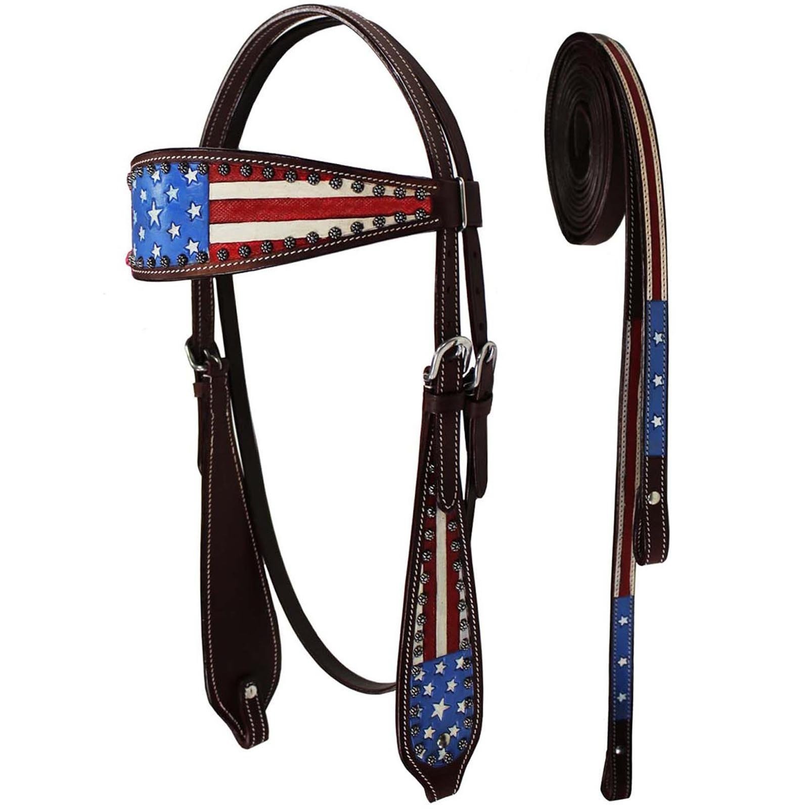 Tahoe Western Patriotic American Flag Draft Browband Horse Headstall with Reins