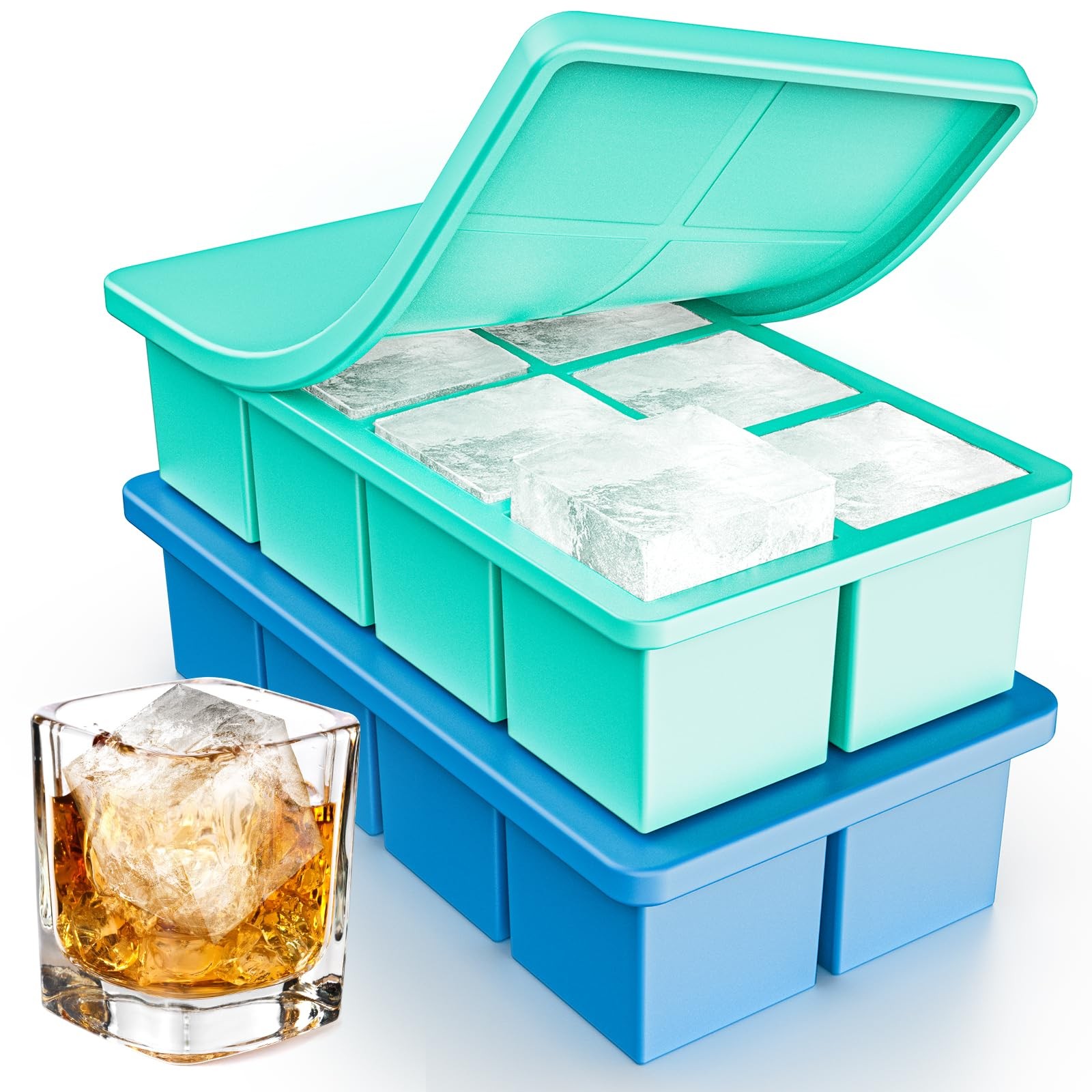 Large Ice Cube Tray 2 Pack, Lxndaser 2 Inch 8.5in x 4.5in x 2in, Blue, Green