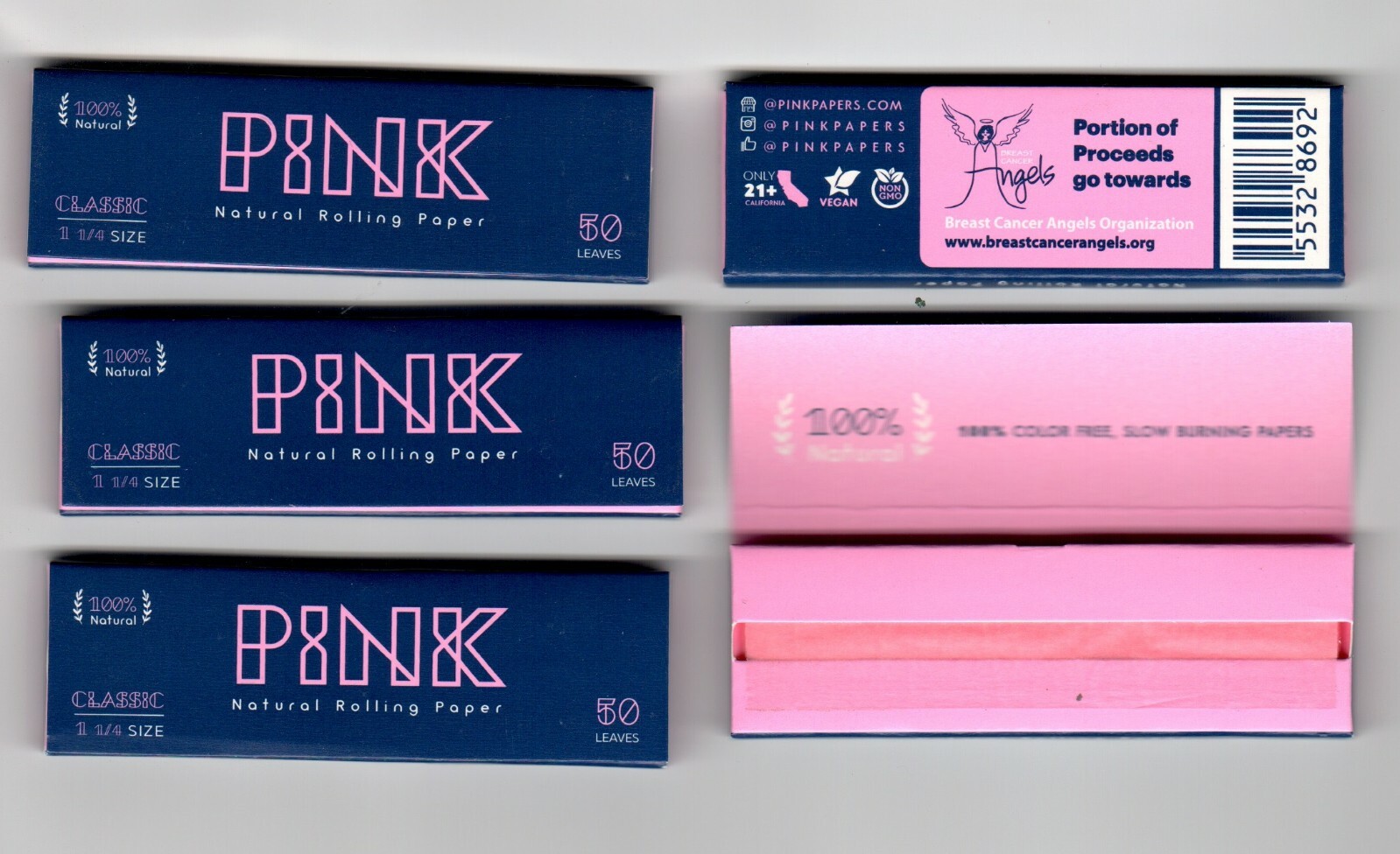 3 PACKS PINK Natural 1 1/4 Size Cigarette Rolling Papers 50 leaves per Pack