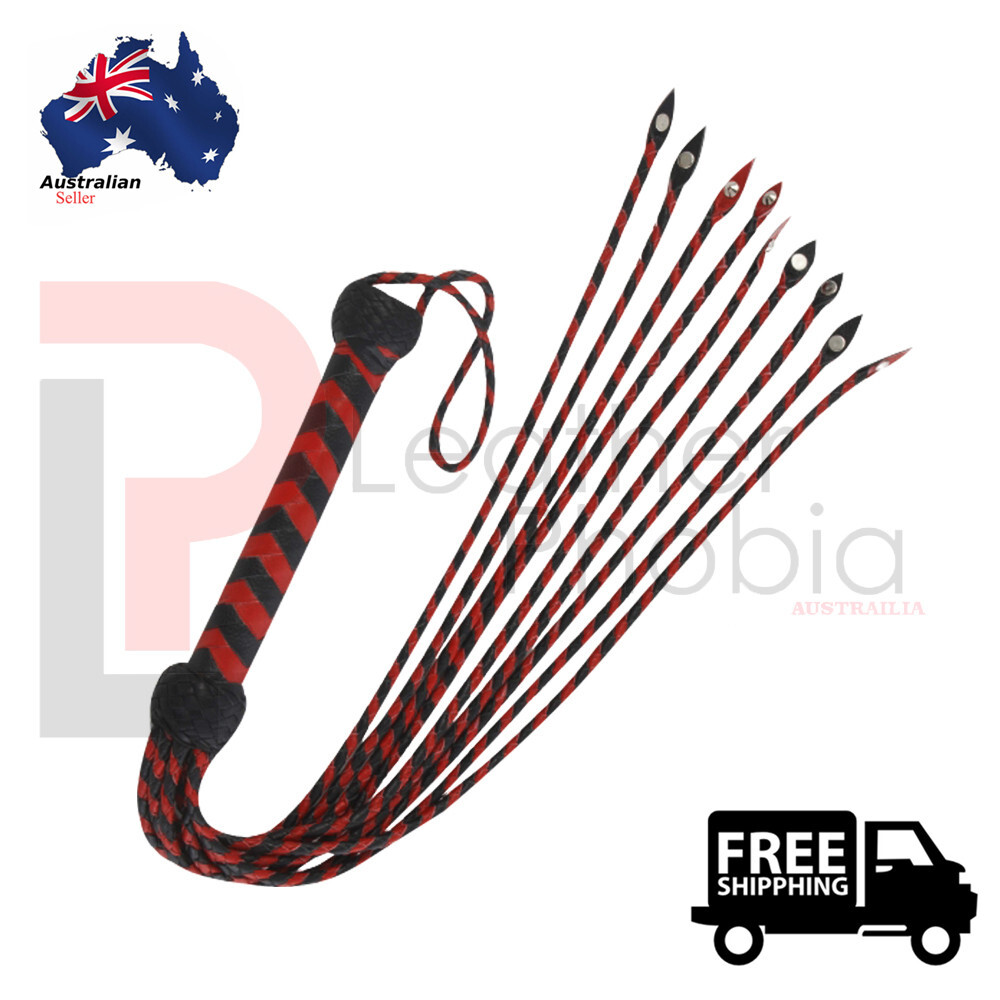Real CowHide Leather Red & Black Braided Heavy Steel Studs 9 Tail Fully Handmade