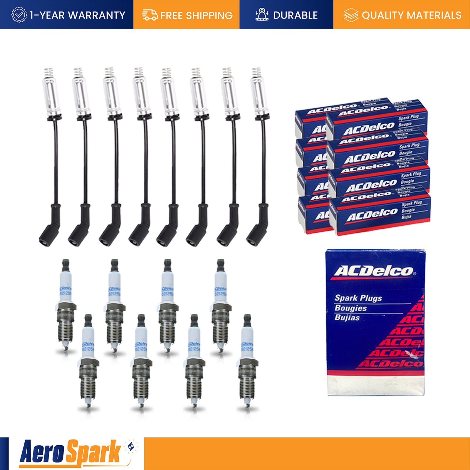 8mm Wireset + 8 AcDelco Spark Plug 41-110 for 2000-2019 GMC Yukon 5.3L 5.7L 6.2L