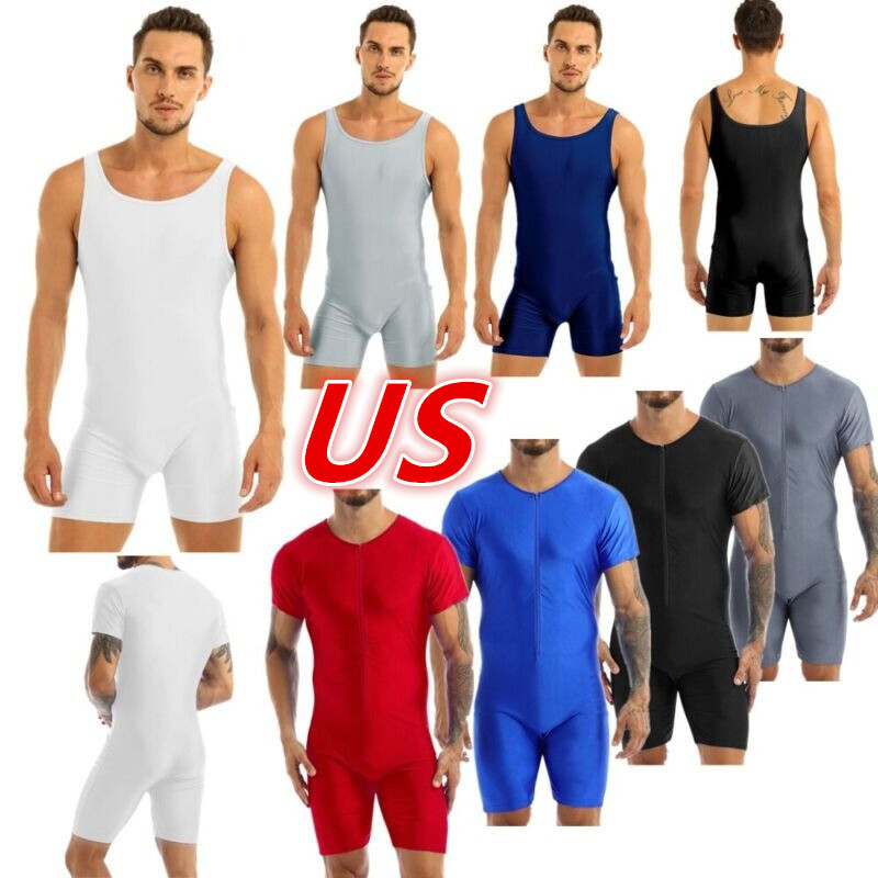 Men's One Piece Bodysuit Zipper Wrestling Singlet Boxer Leotard Workout Jumpsuit