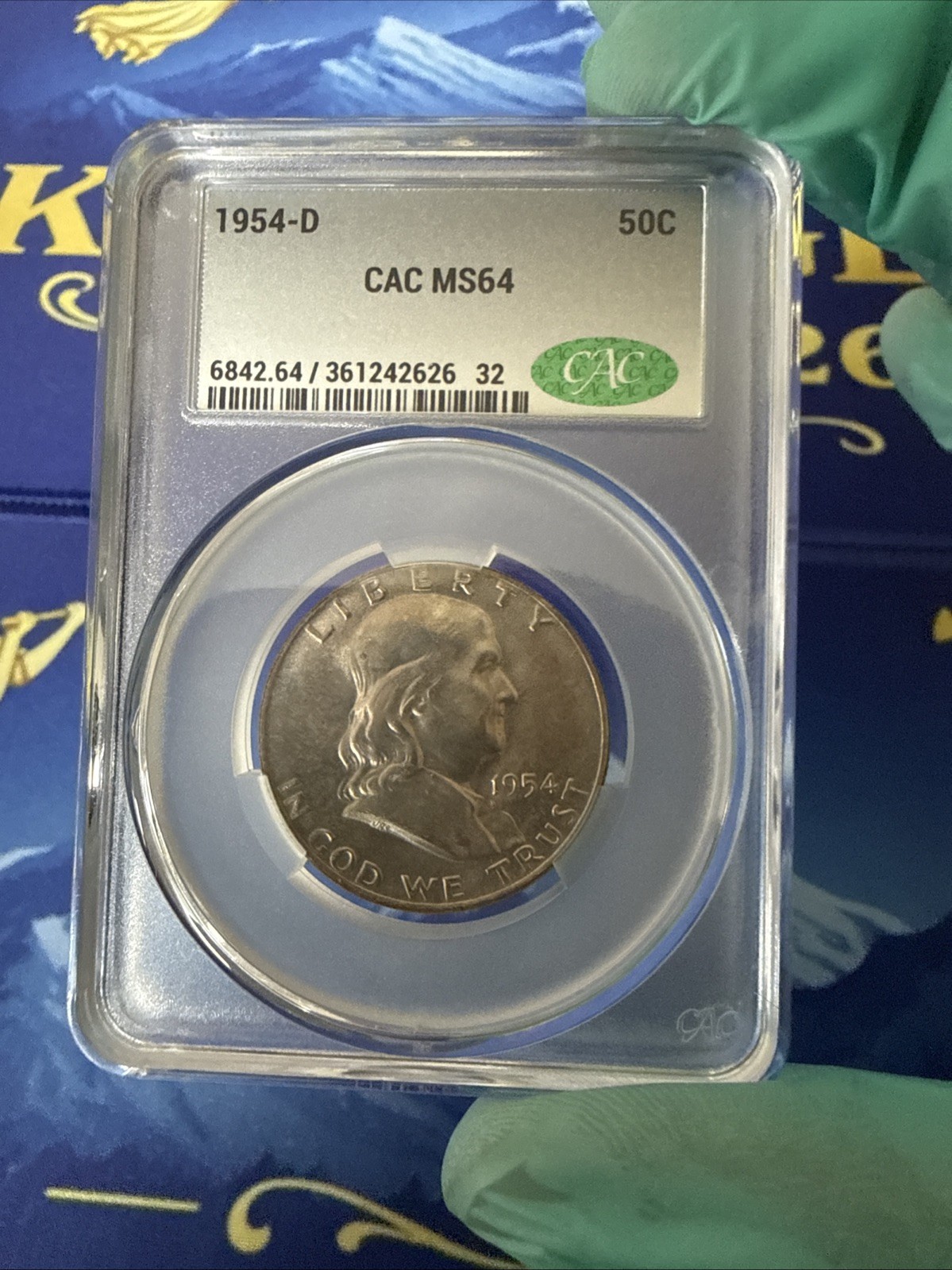 Toned 1954-D CAC MS64 Silver Benjamin Half Dollar