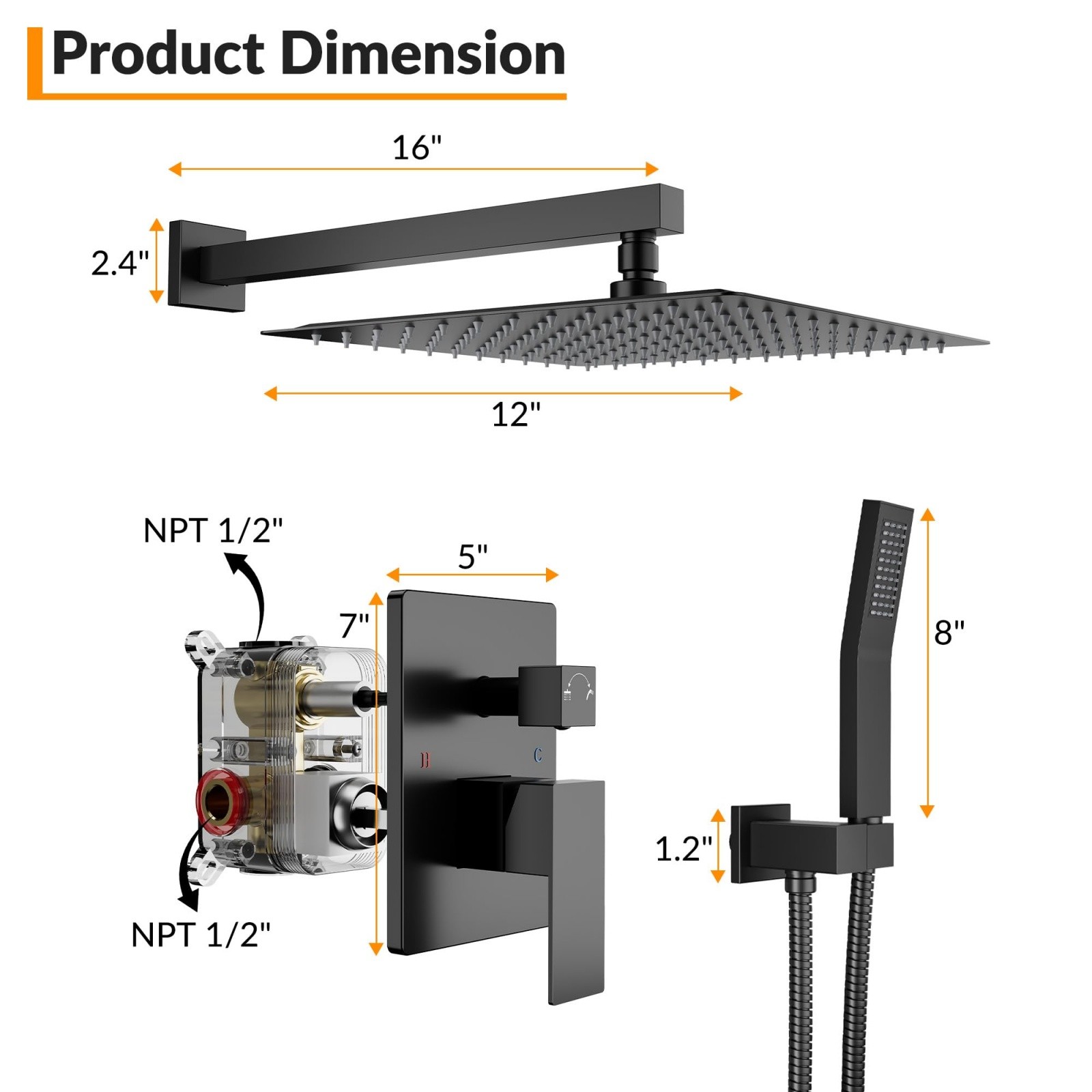 12 Inch Rain Shower Head System 2-Function Wall Mounted Shower Faucet w/Handheld
