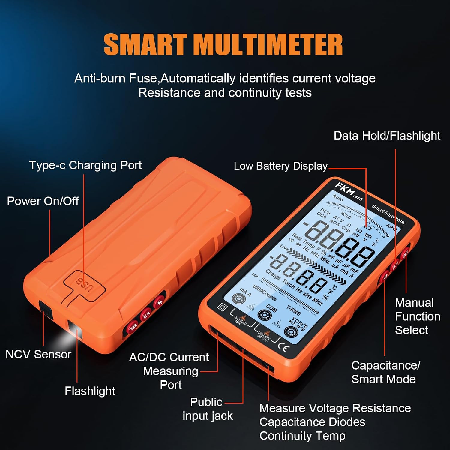 Rechargeable Digital Multimeter Tester Auto-Ranging TRMS 6000 Counts | Smart Vol