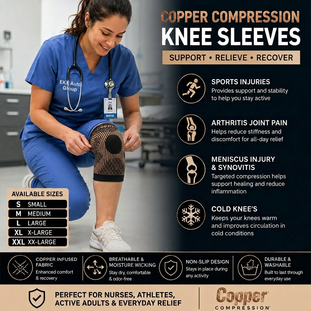 Copper Compression Knee Sleeve Brace Support Sizes S-XXL Joint Arthritis Relief