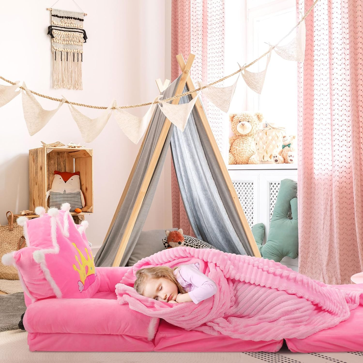 Toddler Couch 2 in 1 Soft Princess Kids Fold Out Couch with Flannel Blanket Comf