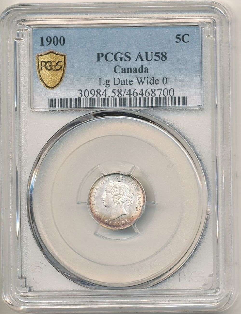 1900 Large Date Wide 0, Bank Of Canada 5 Cents, 5C, PCGS AU58, Victoria, Round 0