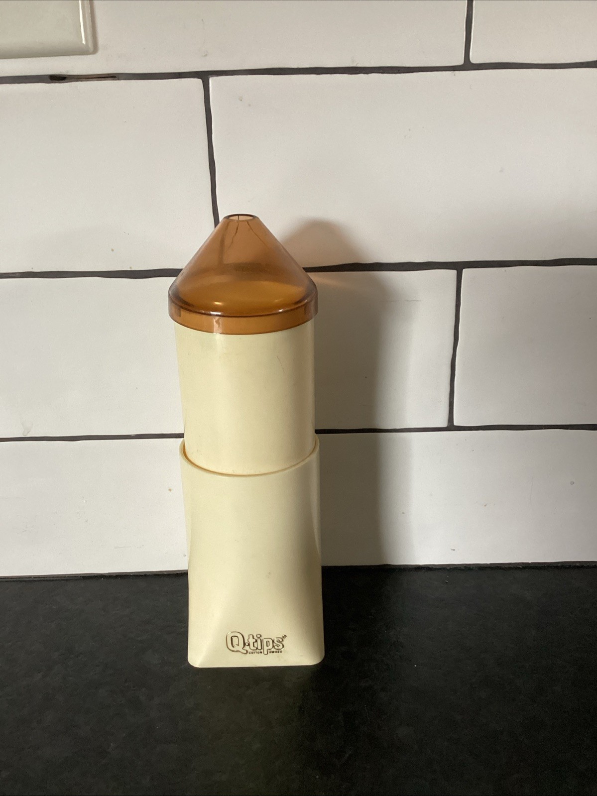 Vintage Retro Q-Tip Brand Plastic Pop Up Dispenser Cotton Swab Amber Tip