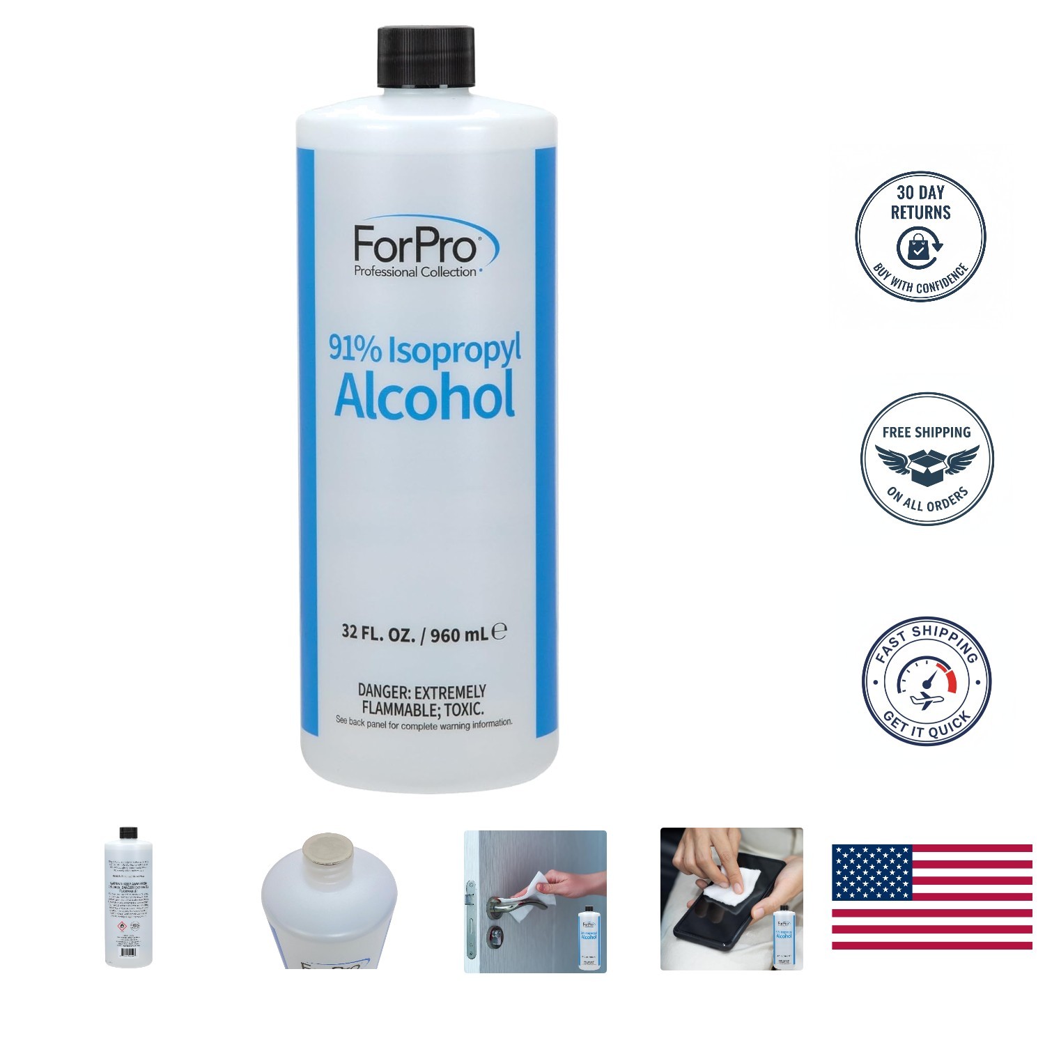 ForPro Unscented 91% Isopropyl Alcohol - Ideal for Sensitive Surfaces, 32 Fl Oz