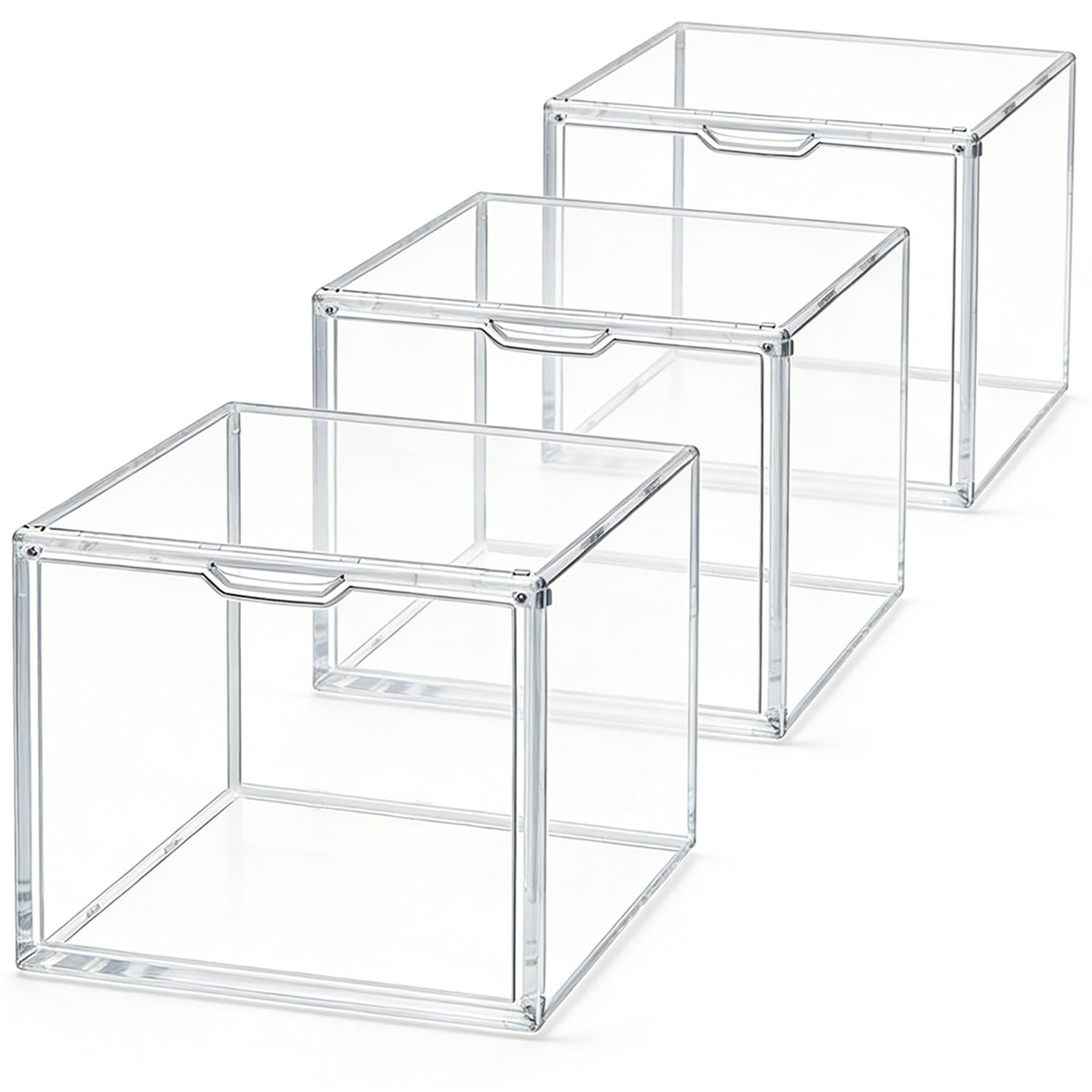 3 Pack Clear Acrylic Display Case with Magnetic Door, Stackable Storage Bins,...