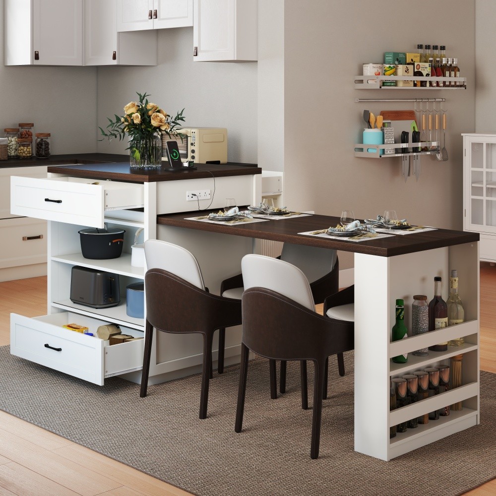 Extendable Kitchen Island Table with Power Outlet Storage Glass Doors Walnut