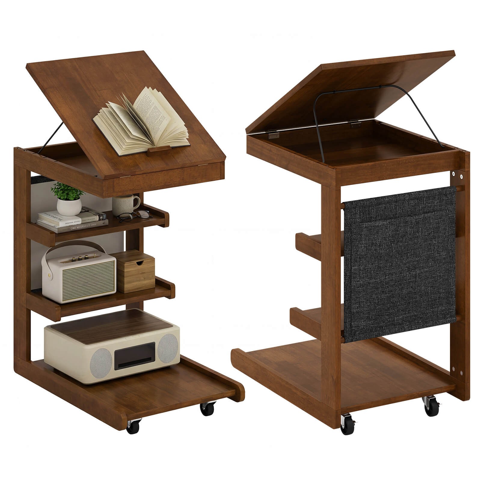 2PCS C-shaped End Table w/Wheels Adjustable Desktop Edge Stopper Storage Pocket