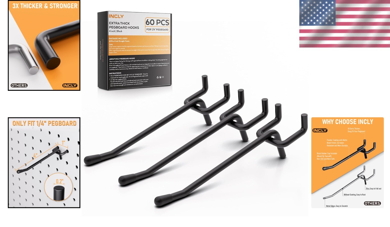 Heavy Duty 1/4 Inch Pegboard Hooks - 60 Pack Adjustable Tool Storage Solution