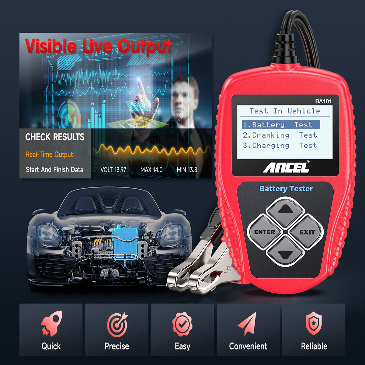 Ancel BA101 12V Auto Car Battery Load Tester Cranking Analyzer Tool 100-2000CCA