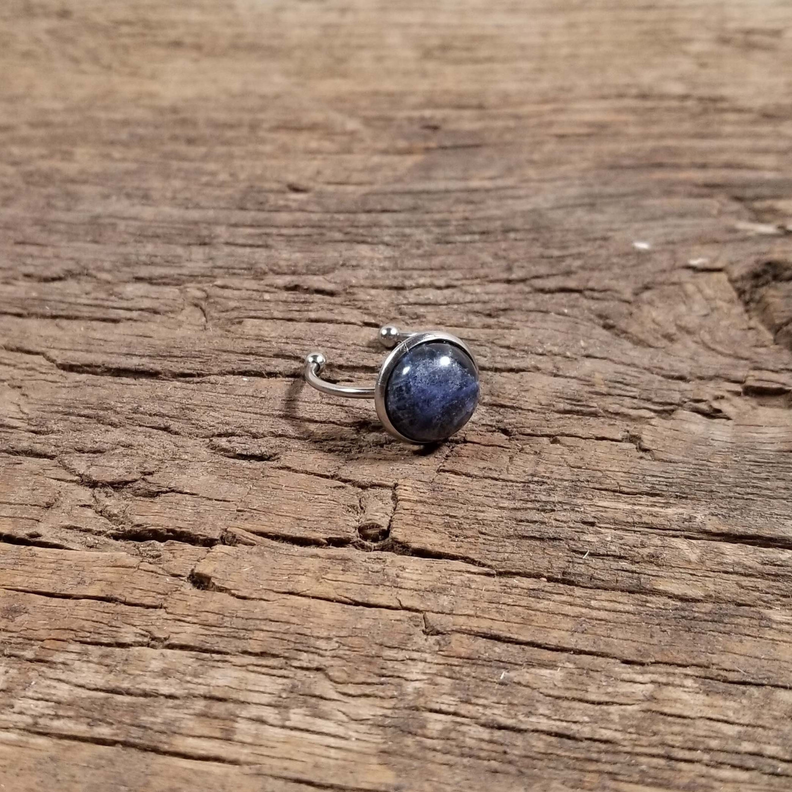 12mm Natural Sodalite Stone Adjustable Size Stainless Steel Ring Won't Discolor
