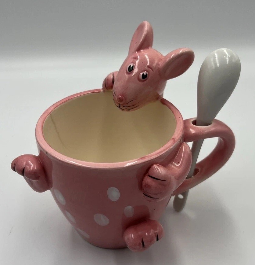 Ceramic Pink Mouse Mug with Spoon 5 x 4” Vgc