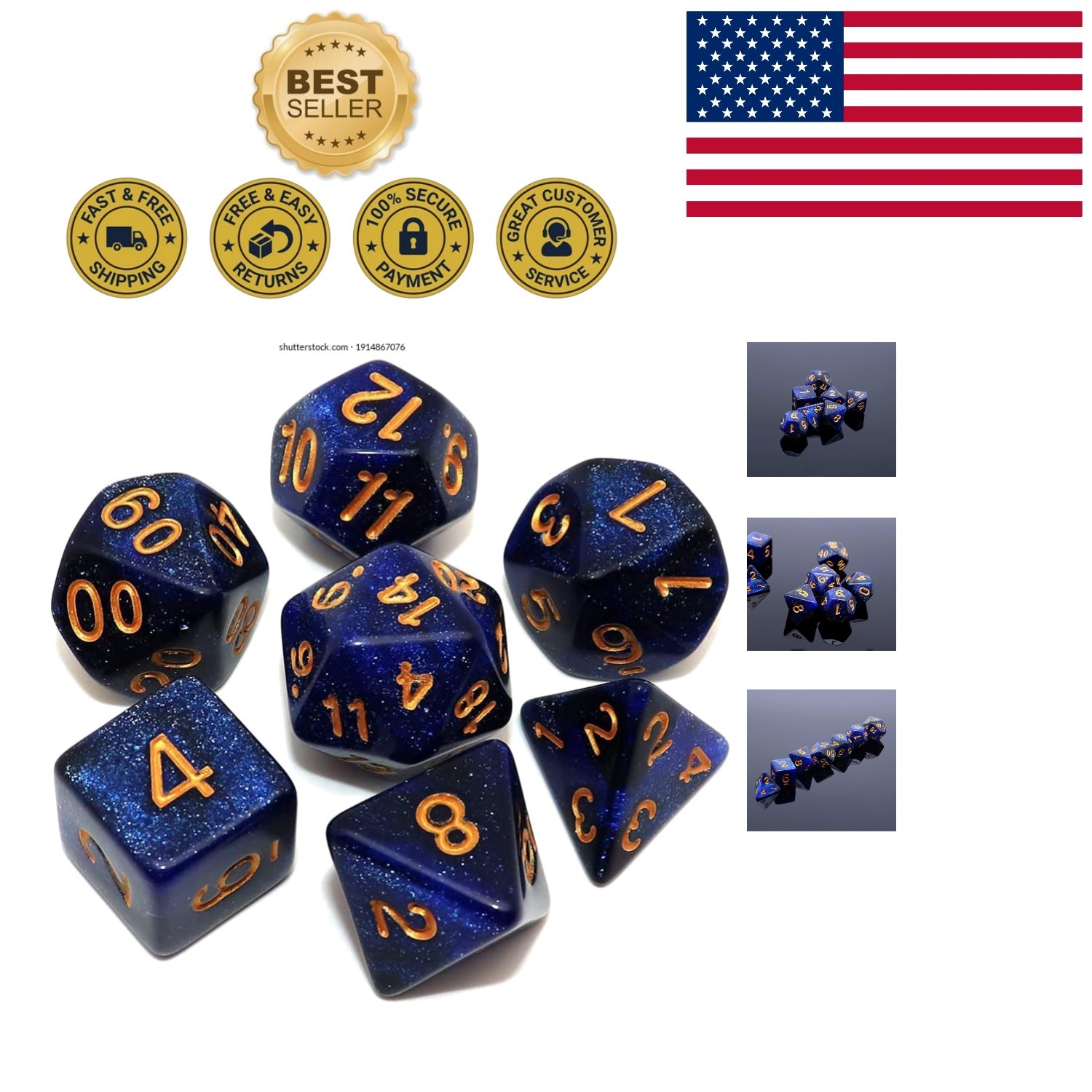 Professional Quality 7-Piece D&D Acrylic Dice Set - Dark Blue Nebula Design