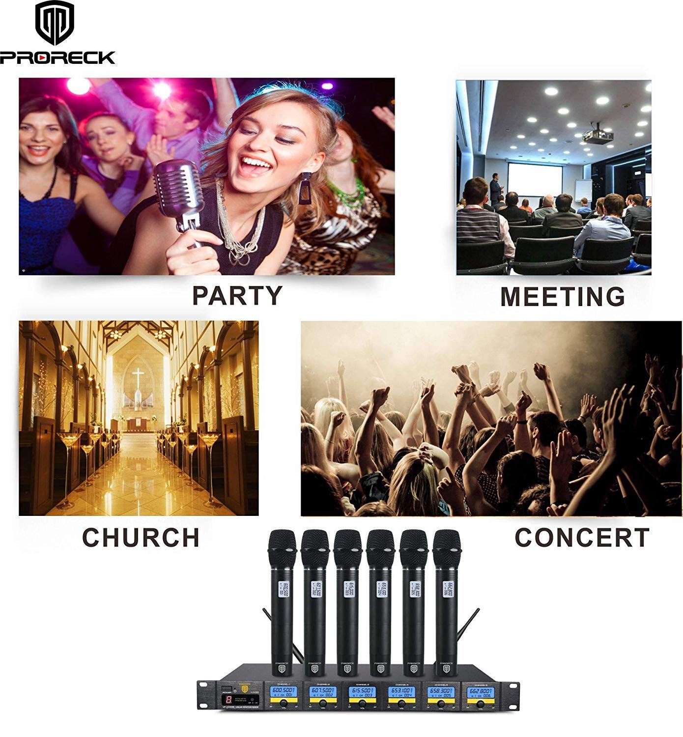 PRORECK MX66 6-Channel UHF Wireless Microphone System Old frequency, Black
